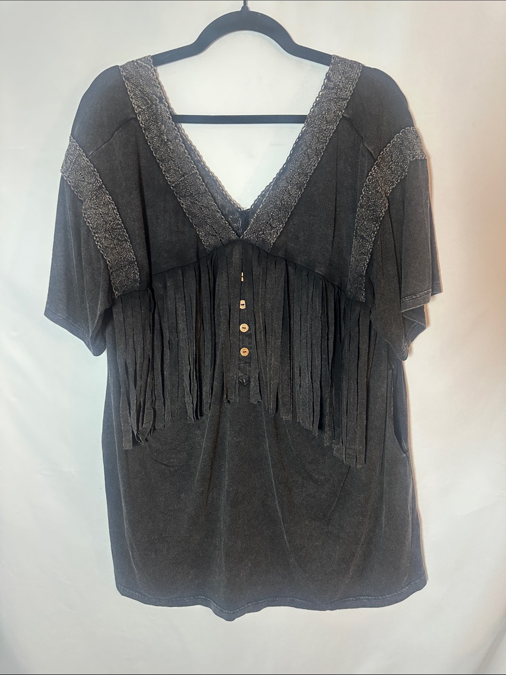 Blue velvet Black Fringe V-Neck Tunic with Decorative Trim & pockets